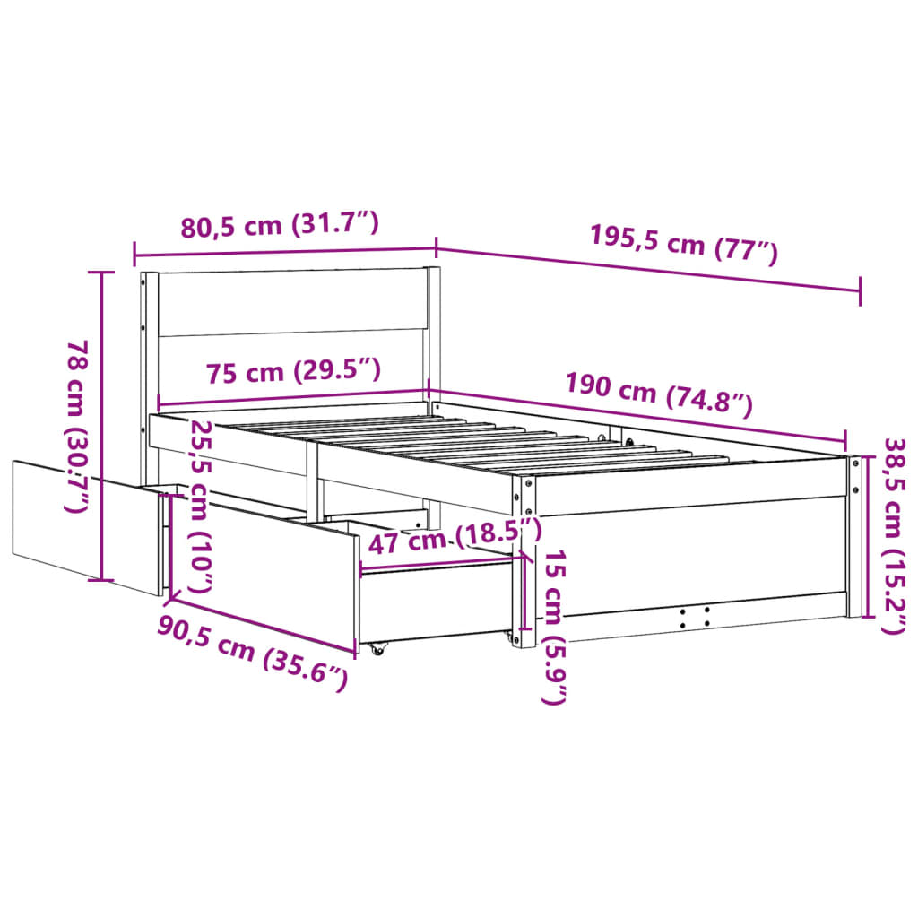 vidaXL Estructura de cama sin colchón madera maciza pino 75x190 cm