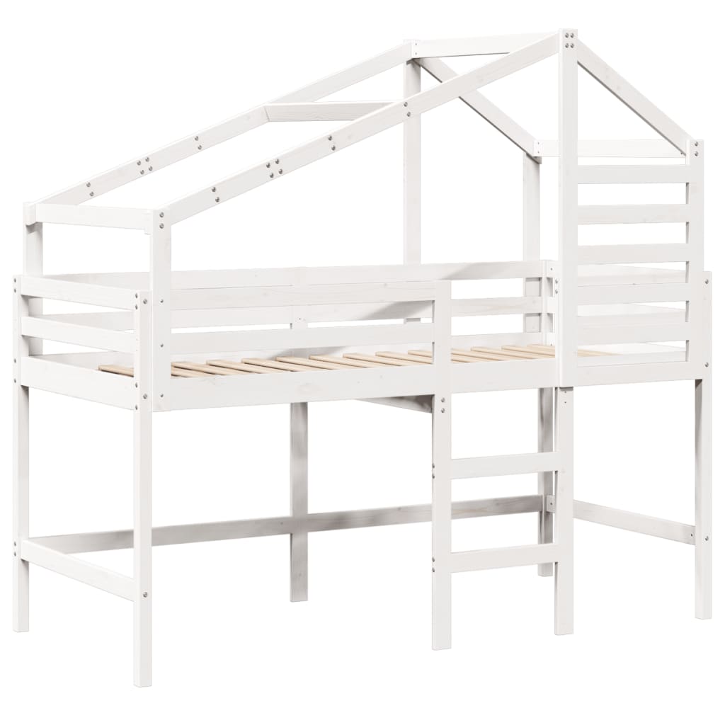 vidaXL Cama alta escalera y techo madera maciza pino blanca 80x200 cm