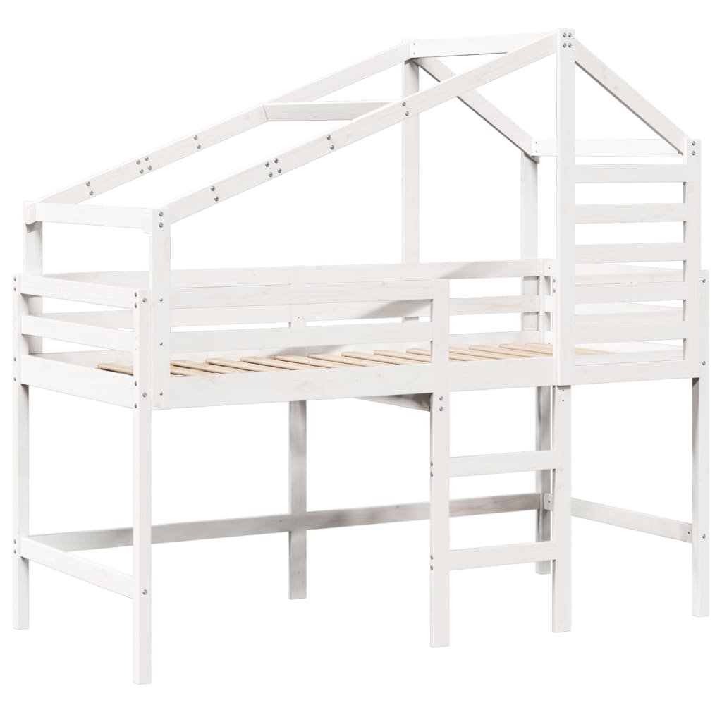 vidaXL Cama alta escalera y techo madera maciza pino blanca 90x190 cm