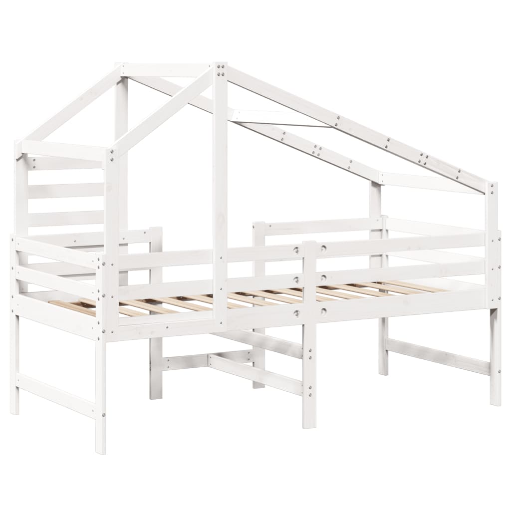 vidaXL Cama alta escalera y techo madera maciza pino blanca 90x190 cm