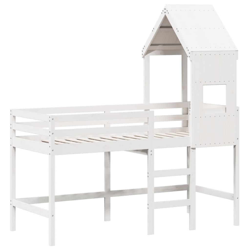 vidaXL Cama alta escalera y techo madera maciza pino blanca 90x190 cm