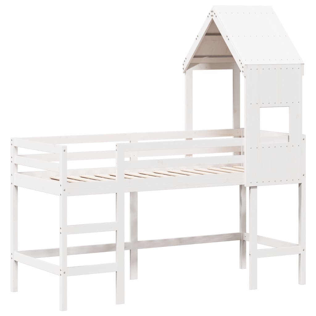 vidaXL Cama alta escalera y techo madera maciza pino blanca 90x190 cm