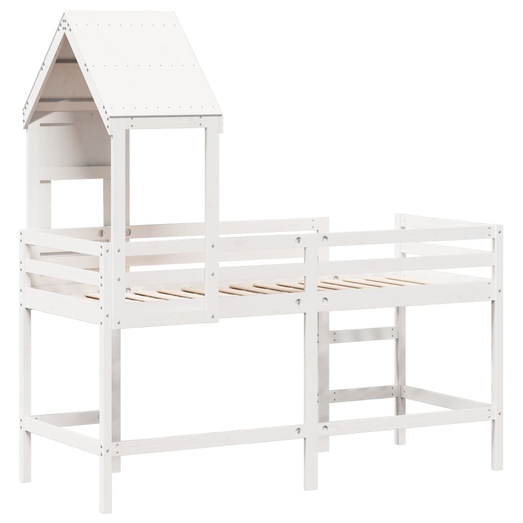 vidaXL Cama alta escalera y techo madera maciza pino blanca 90x190 cm