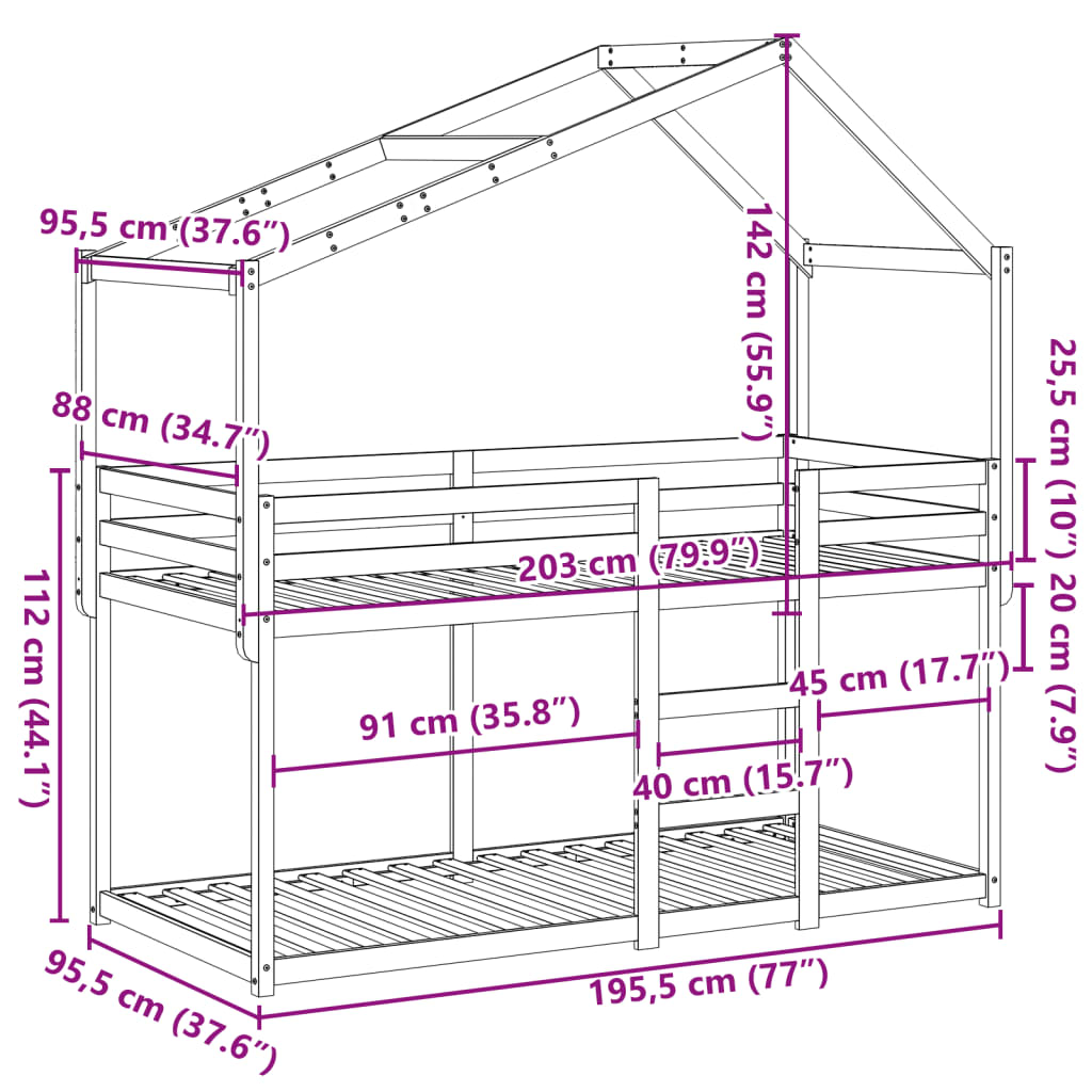 vidaXL Cama litera con techo madera maciza pino marrón cera 90x190 cm