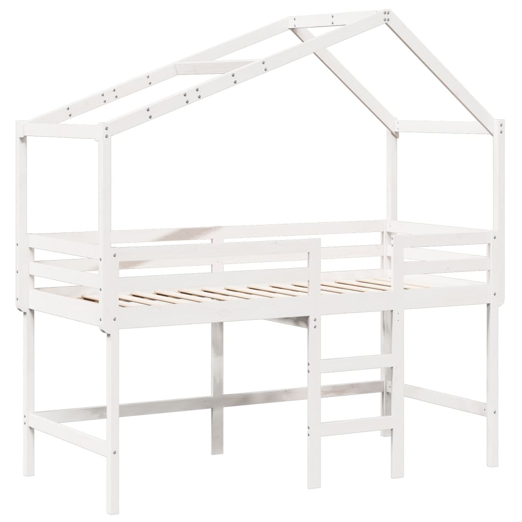 vidaXL Cama alta escalera y techo madera maciza pino blanca 90x200 cm