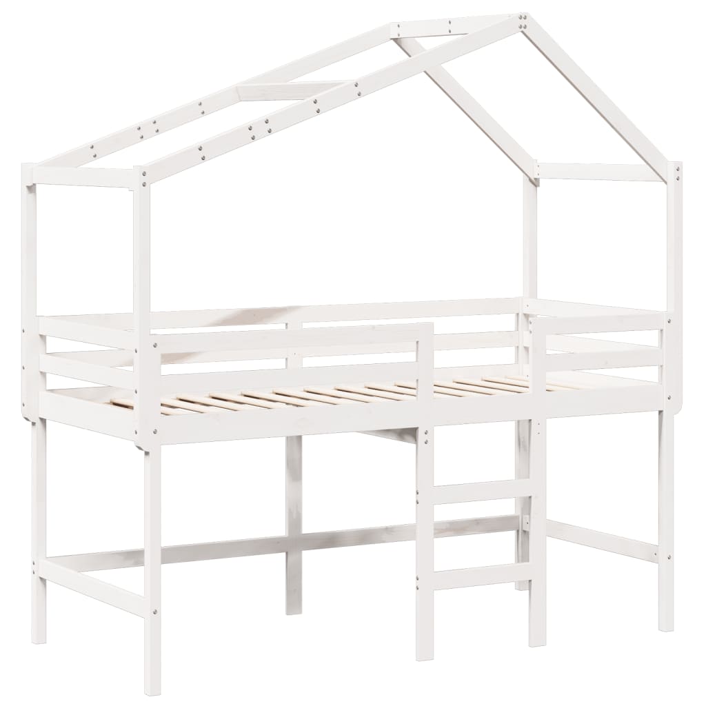 vidaXL Cama alta escalera y techo madera maciza pino blanca 90x190 cm