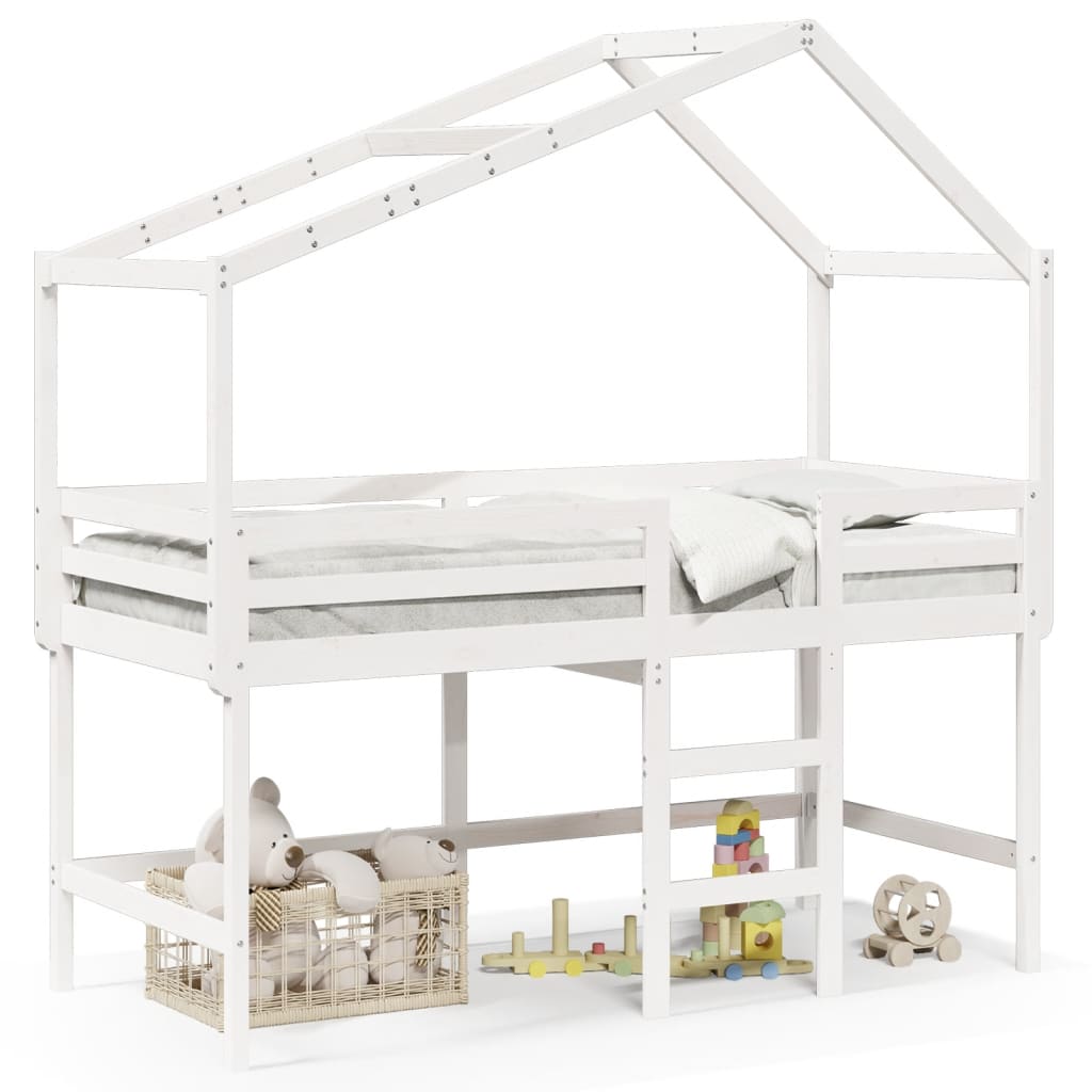 vidaXL Cama alta escalera y techo madera maciza pino blanca 90x190 cm