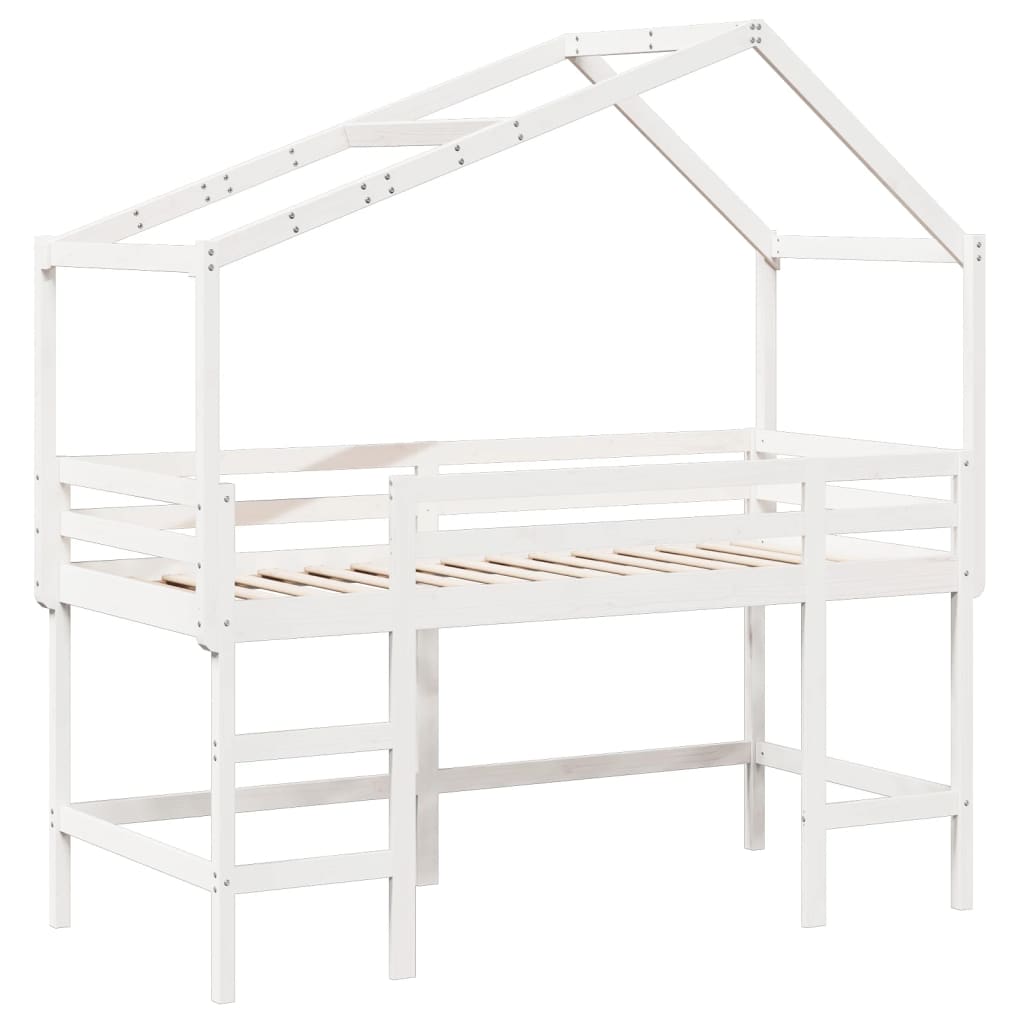 vidaXL Cama alta escalera y techo madera maciza pino blanca 90x200 cm