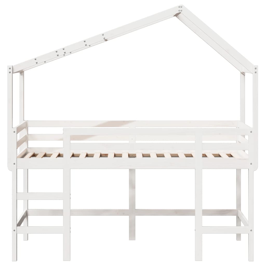 vidaXL Cama alta escalera y techo madera maciza pino blanca 90x200 cm