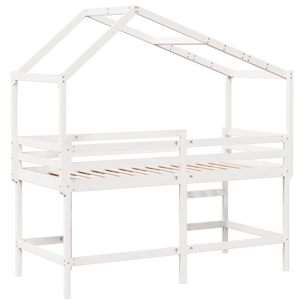 vidaXL Cama alta escalera y techo madera maciza pino blanca 90x200 cm