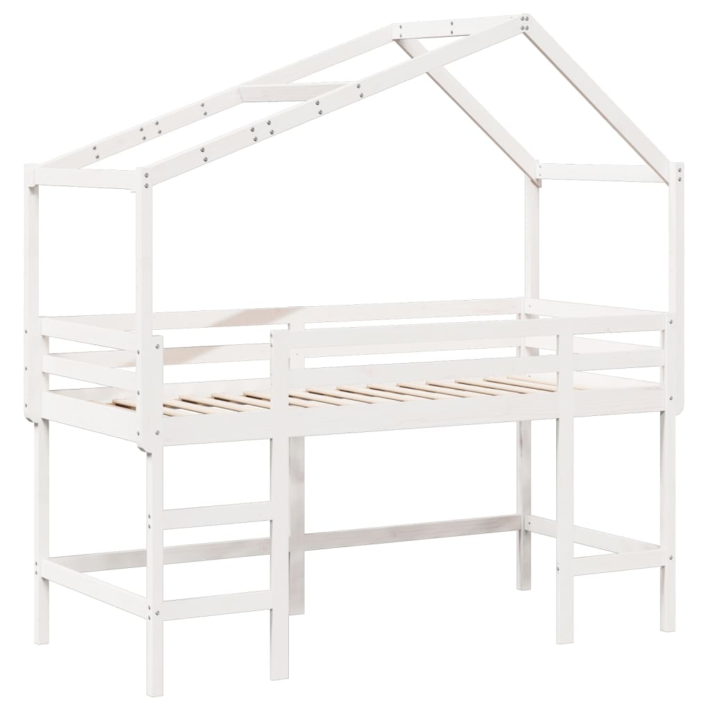 vidaXL Cama alta escalera y techo madera maciza pino blanca 80x200 cm