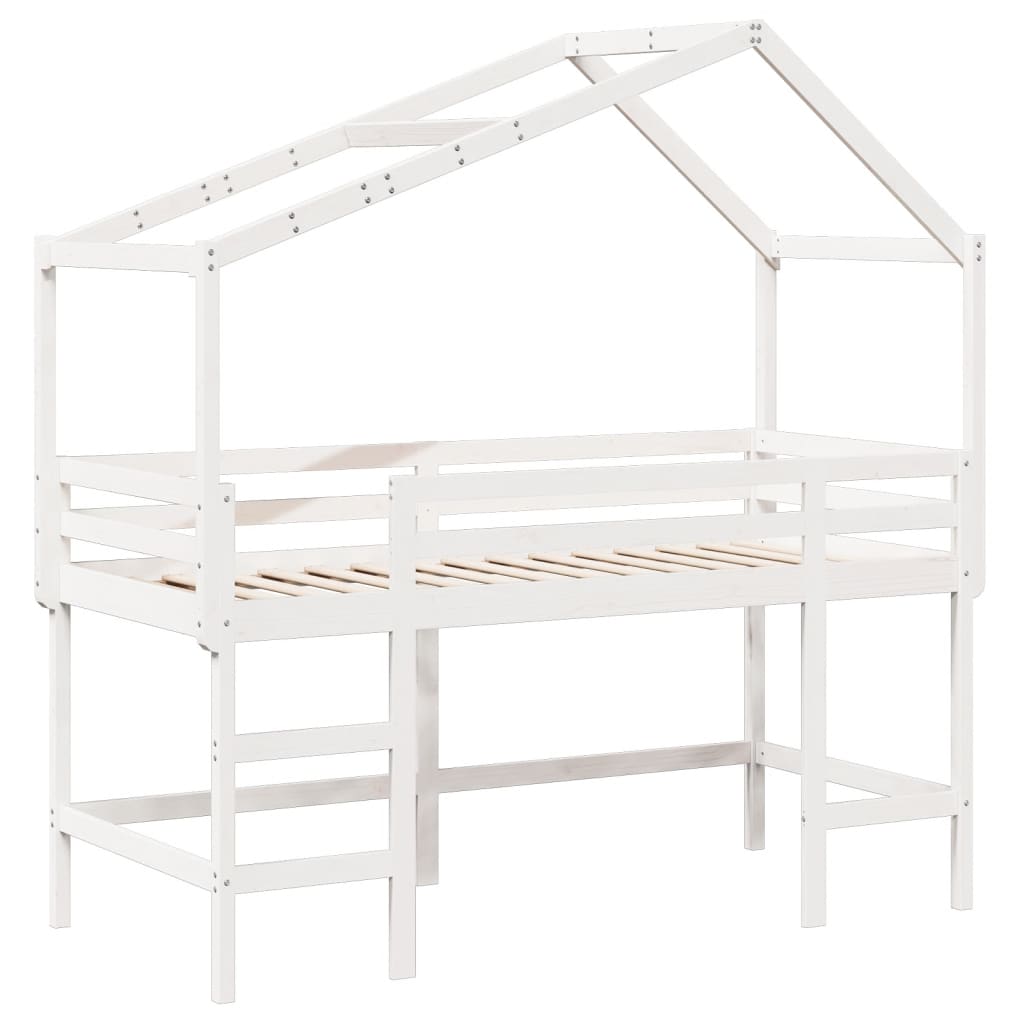 vidaXL Cama alta escalera y techo madera maciza pino blanca 90x190 cm