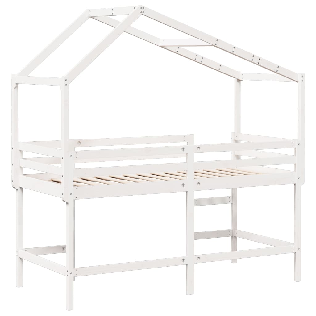 vidaXL Cama alta escalera y techo madera maciza pino blanca 90x190 cm