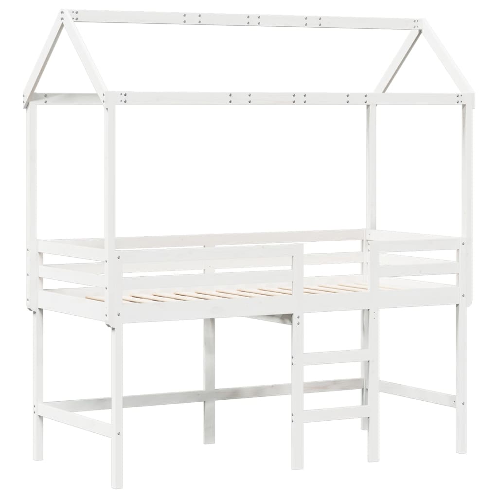 vidaXL Cama alta escalera y techo madera maciza pino blanca 90x190 cm