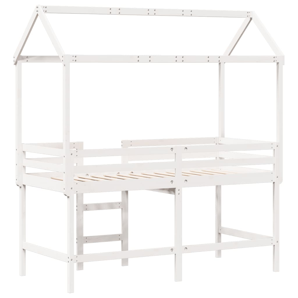 vidaXL Cama alta escalera y techo madera maciza pino blanca 90x190 cm