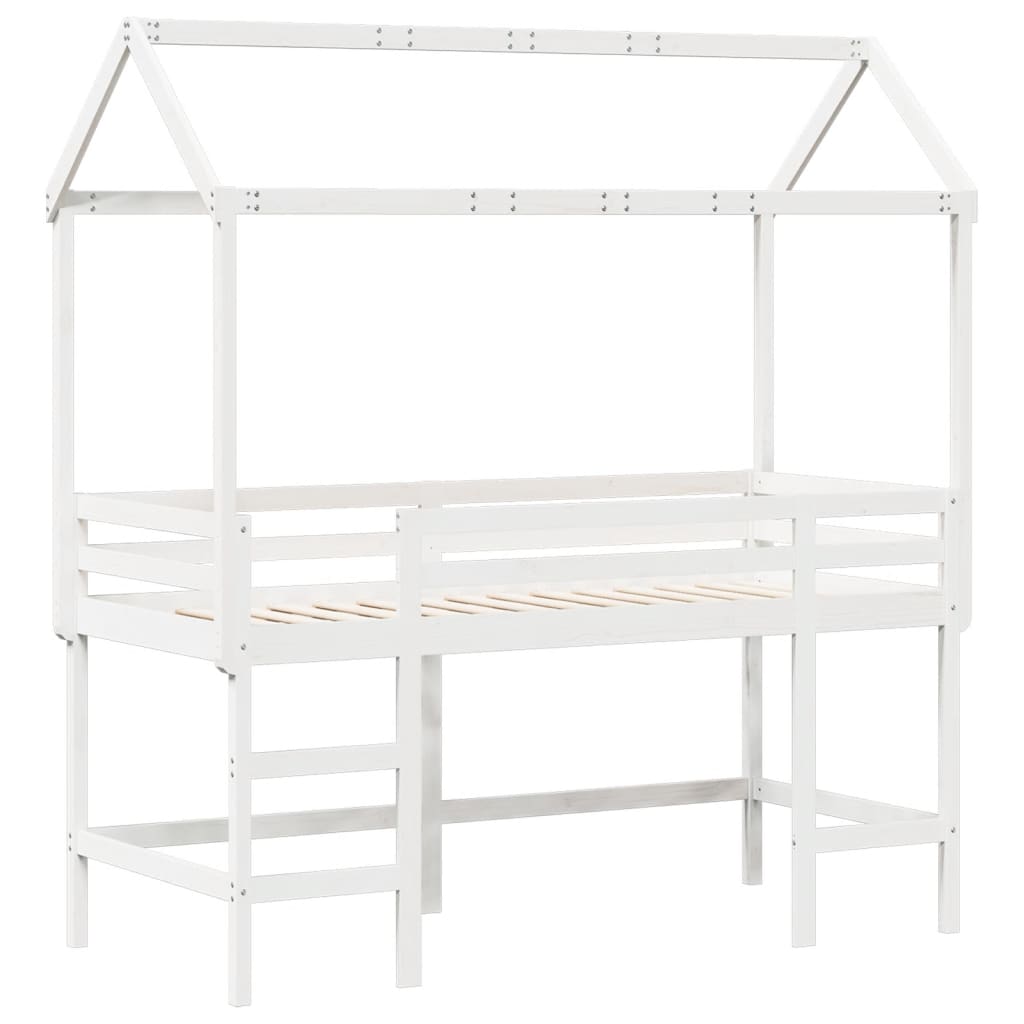 vidaXL Cama alta escalera y techo madera maciza pino blanca 90x200 cm