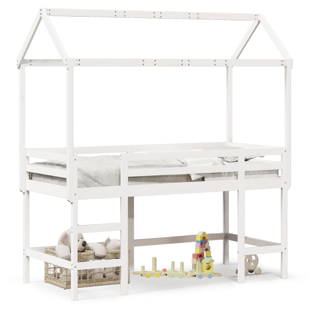 vidaXL Cama alta escalera y techo madera maciza pino blanca 90x200 cm