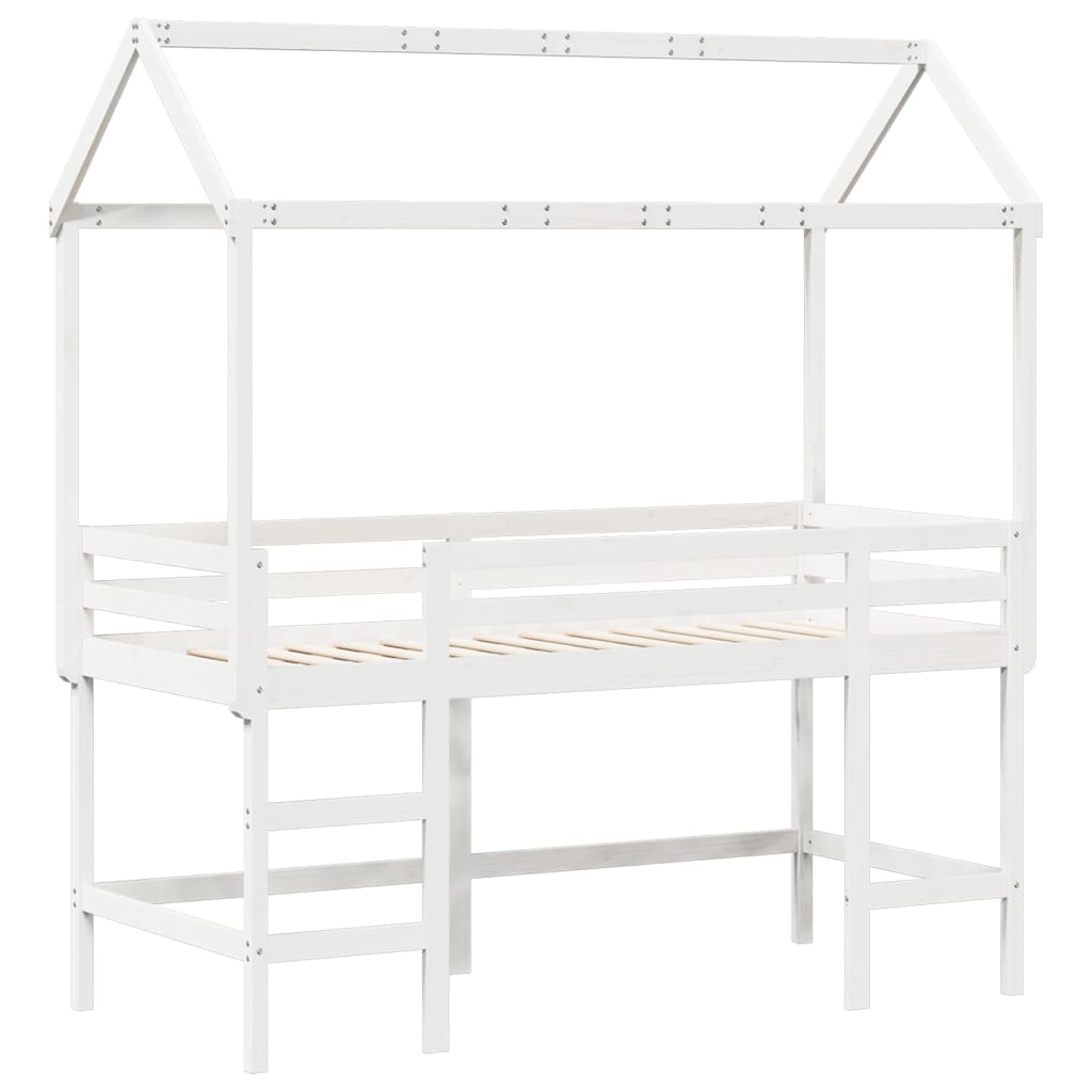 vidaXL Cama alta escalera y techo madera maciza pino blanca 90x190 cm