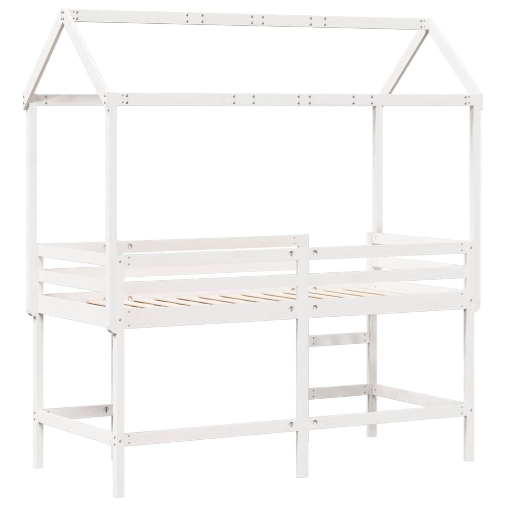 vidaXL Cama alta escalera y techo madera maciza pino blanca 90x190 cm