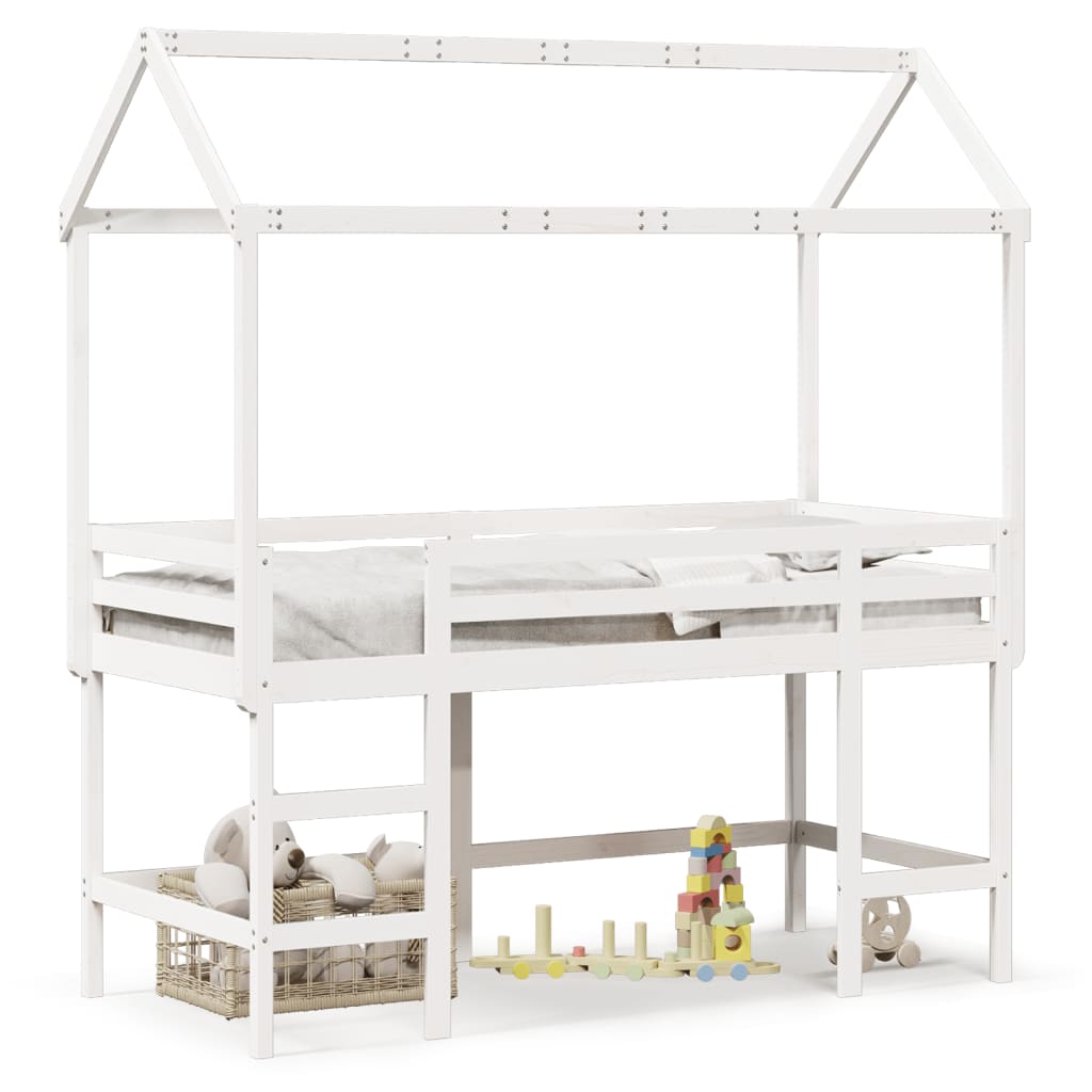 vidaXL Cama alta escalera y techo madera maciza pino blanca 90x190 cm