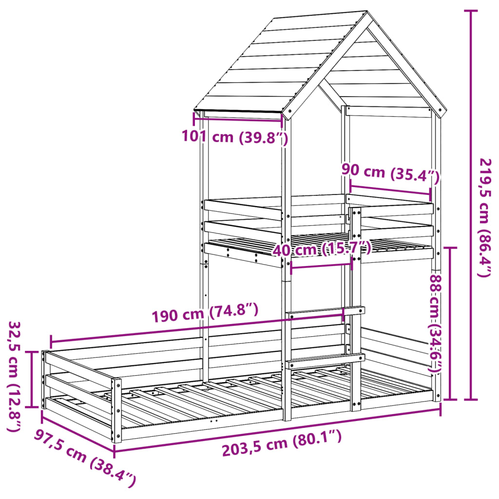 vidaXL Cama litera sin colchón madera maciza de pino 90x190 cm