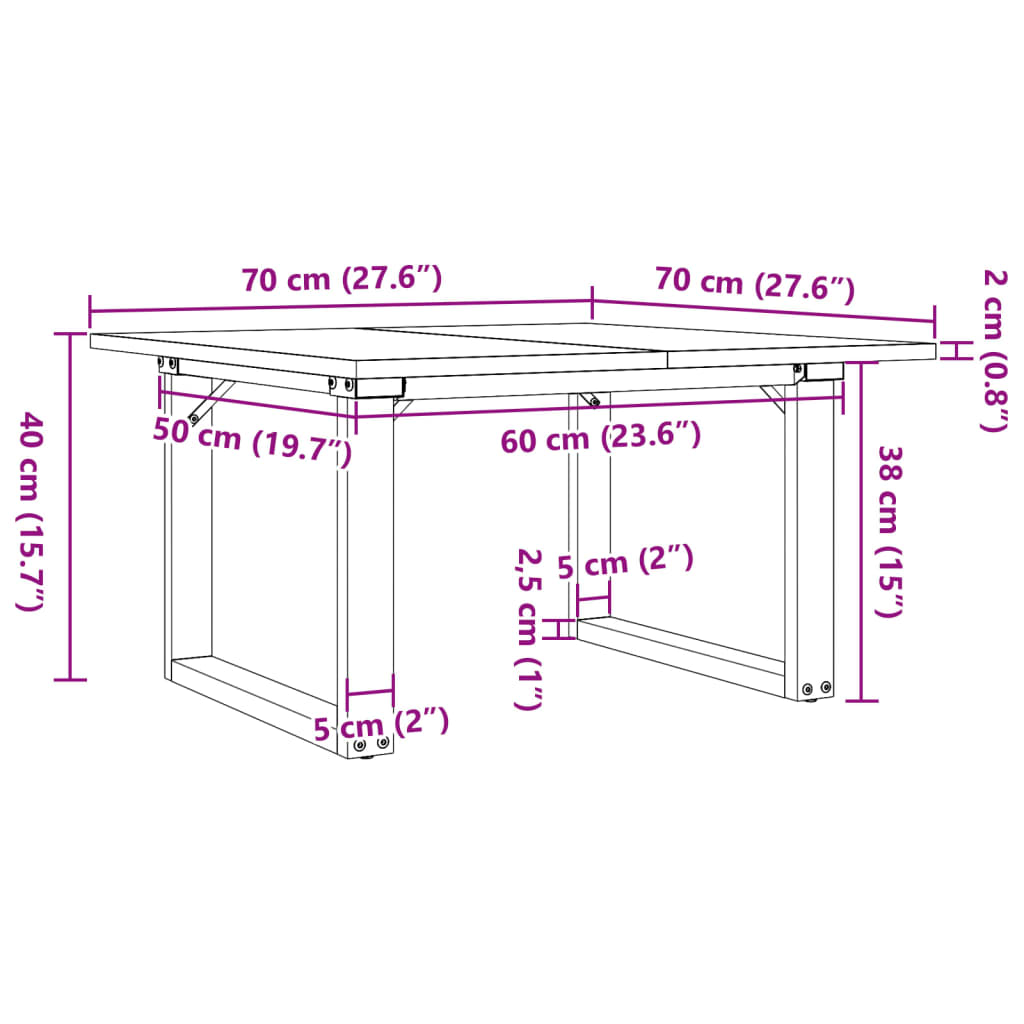 vidaXL Mesa de centro marco O madera maciza pino y acero 70x70x40 cm