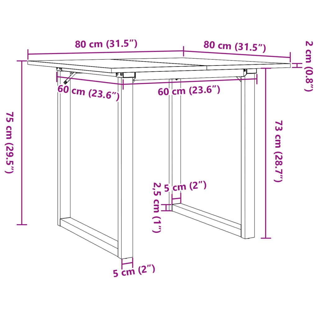 vidaXL Mesa de comedor marco O madera maciza pino y acero 80x80x75 cm