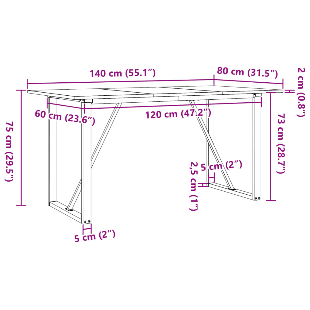 vidaXL Mesa de comedor marco O madera maciza pino y acero 140x80x75cm