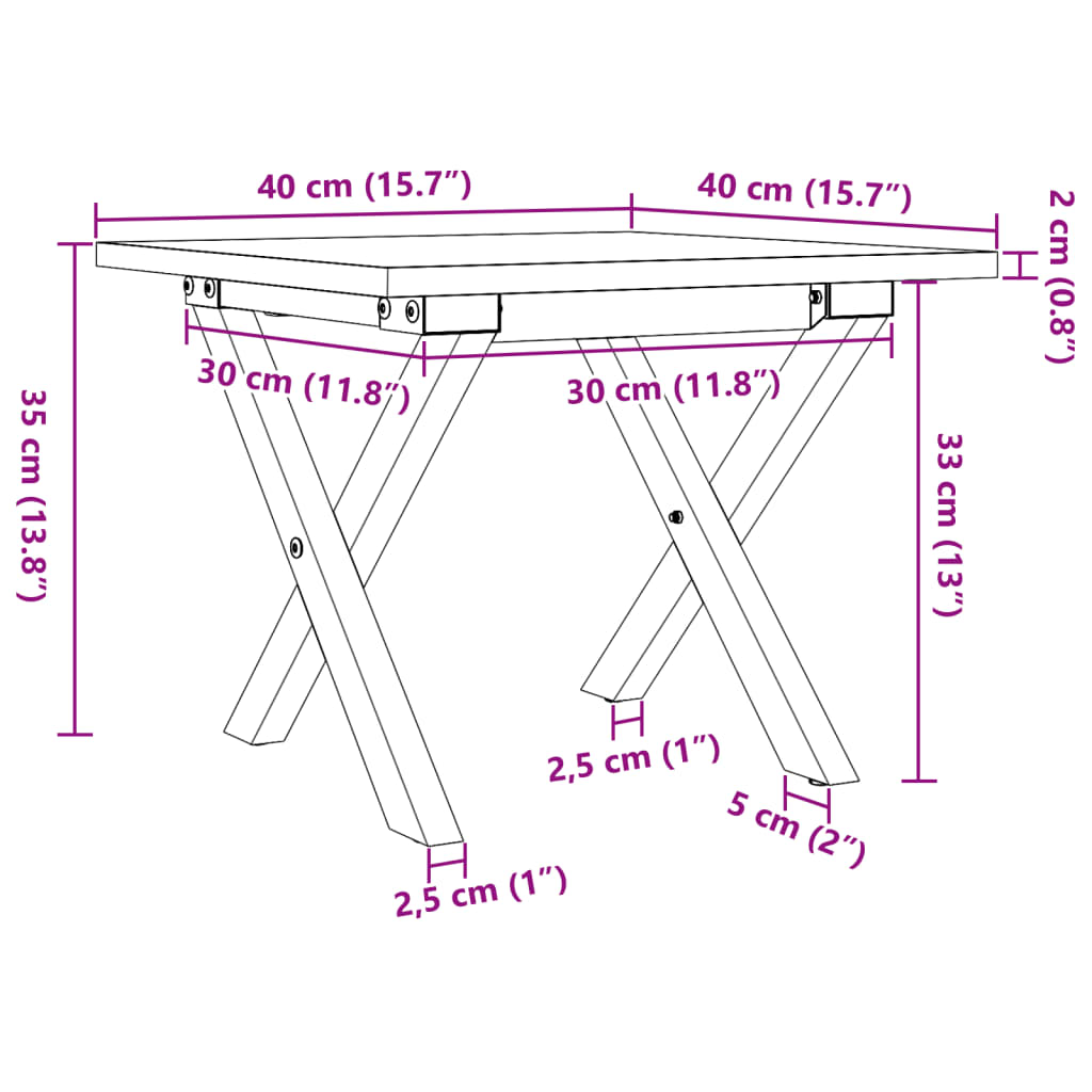 vidaXL Mesa de centro marco X madera maciza pino y acero 40x40x35 cm