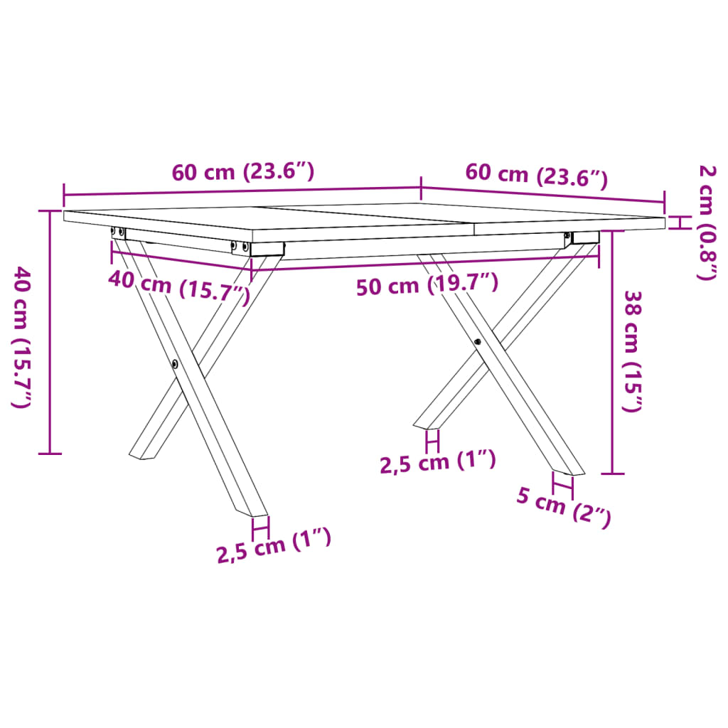 vidaXL Mesa de centro marco X madera maciza pino y acero 60x60x40 cm