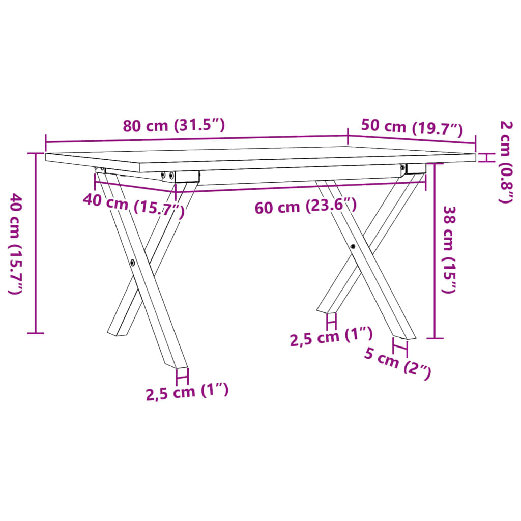 vidaXL Mesa de centro marco X madera maciza pino y acero 80x50x40 cm