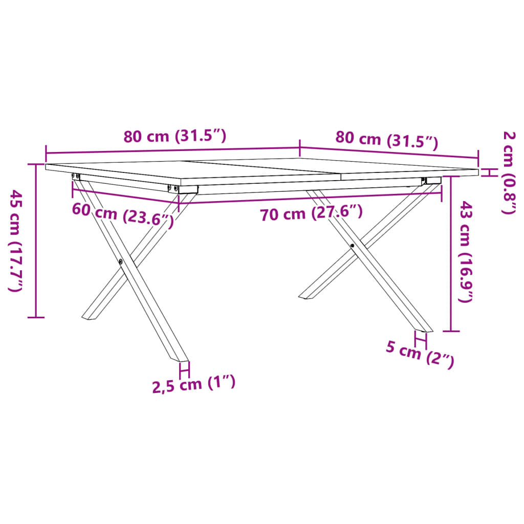 vidaXL Mesa de centro marco X madera maciza pino y acero 80x80x45 cm