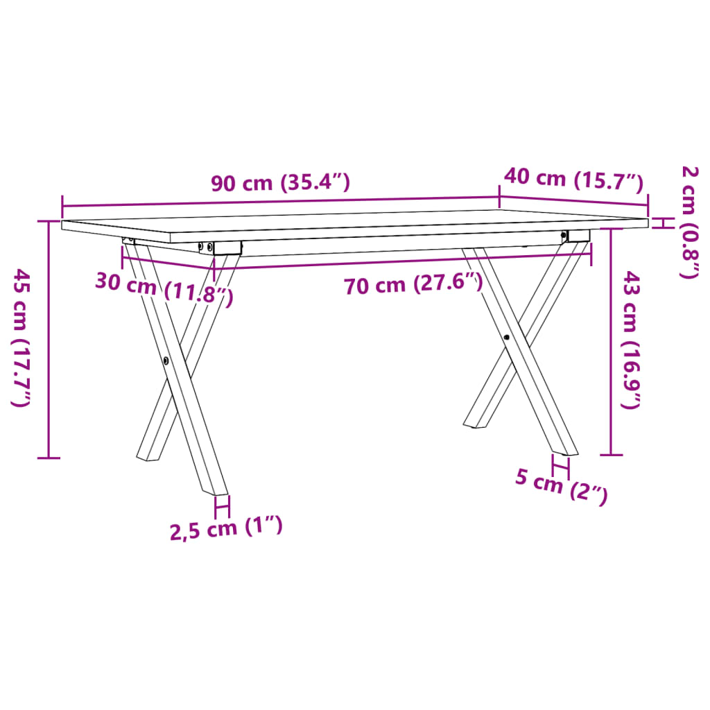 vidaXL Mesa de centro marco X madera maciza pino y acero 90x40x35 cm