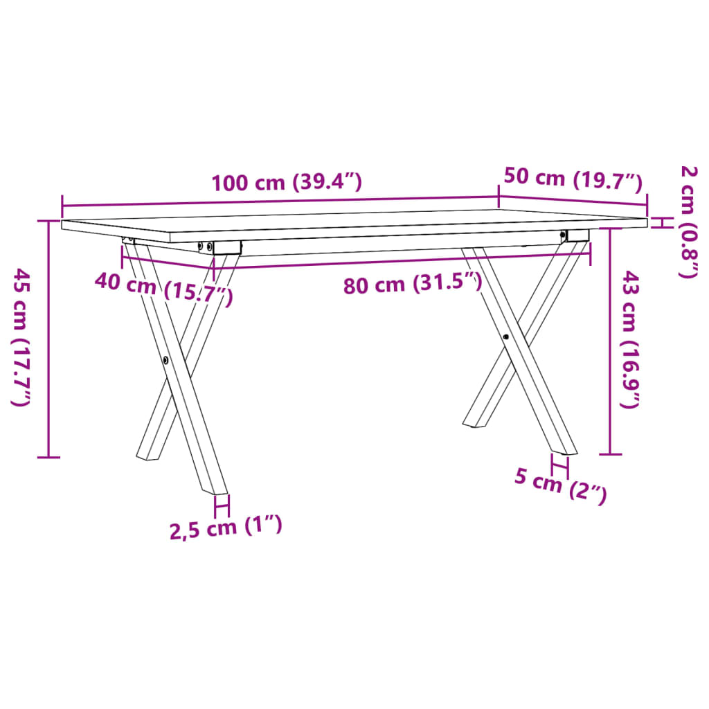 vidaXL Mesa de centro marco X madera maciza pino y acero 100x50x45 cm