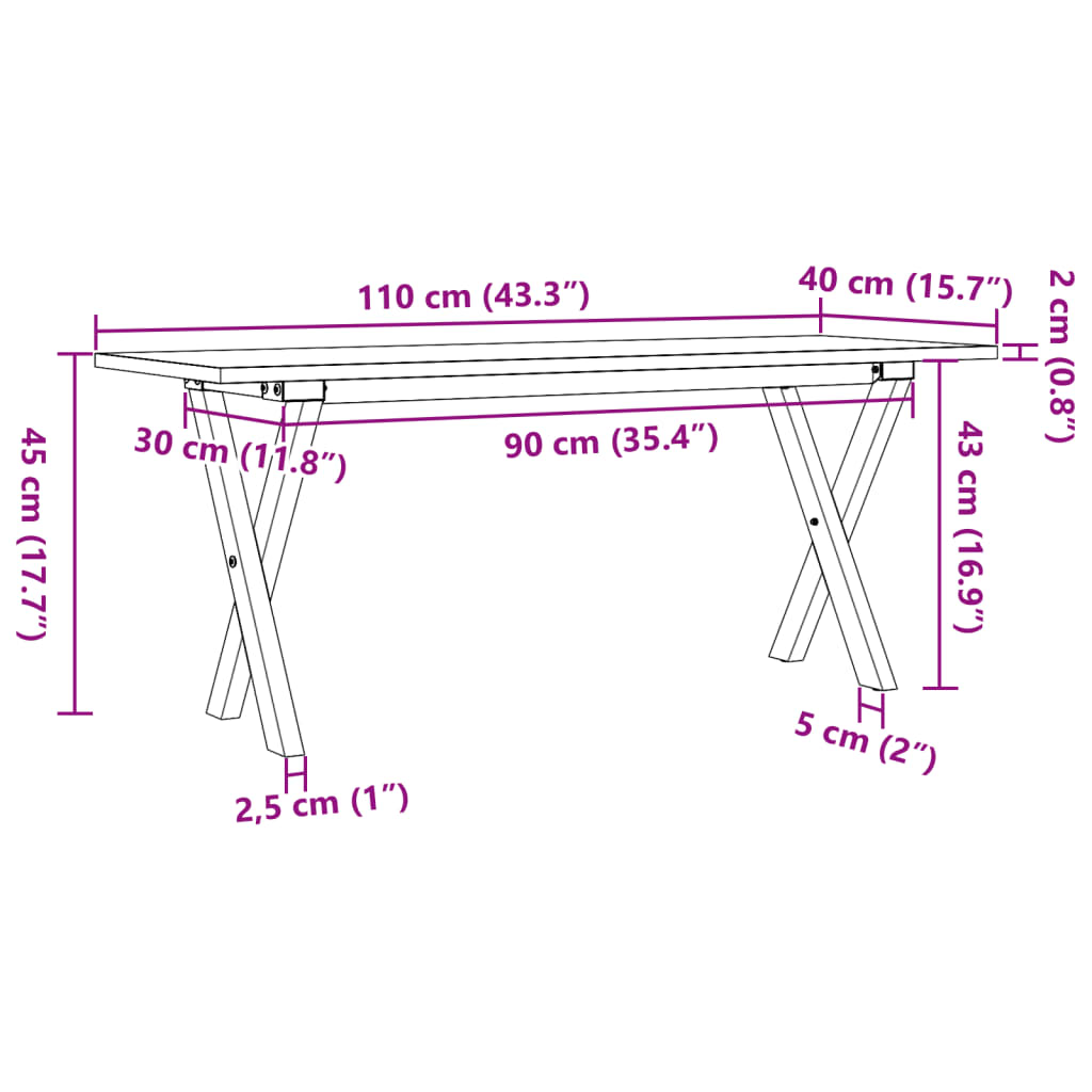 vidaXL Mesa de centro marco X madera maciza pino y acero 110x40x45 cm