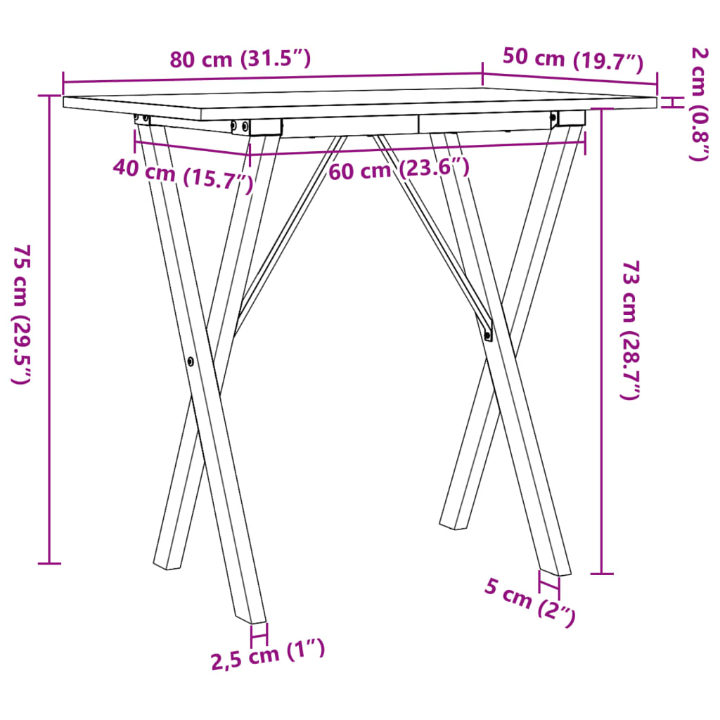 vidaXL Mesa de comedor marco X madera maciza pino y acero 80x50x75 cm