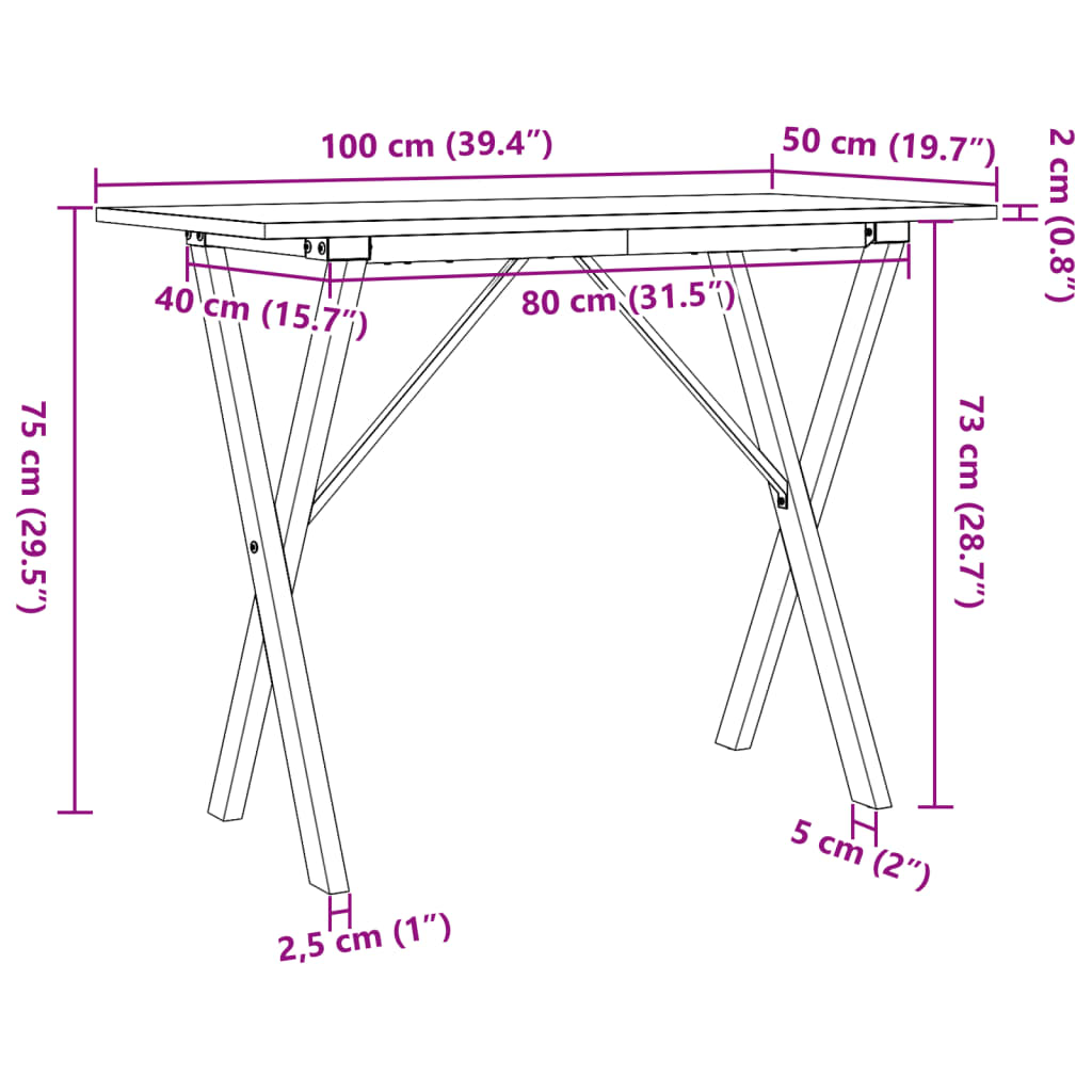 vidaXL Mesa de comedor marco X madera maciza pino y acero 100x50x75cm