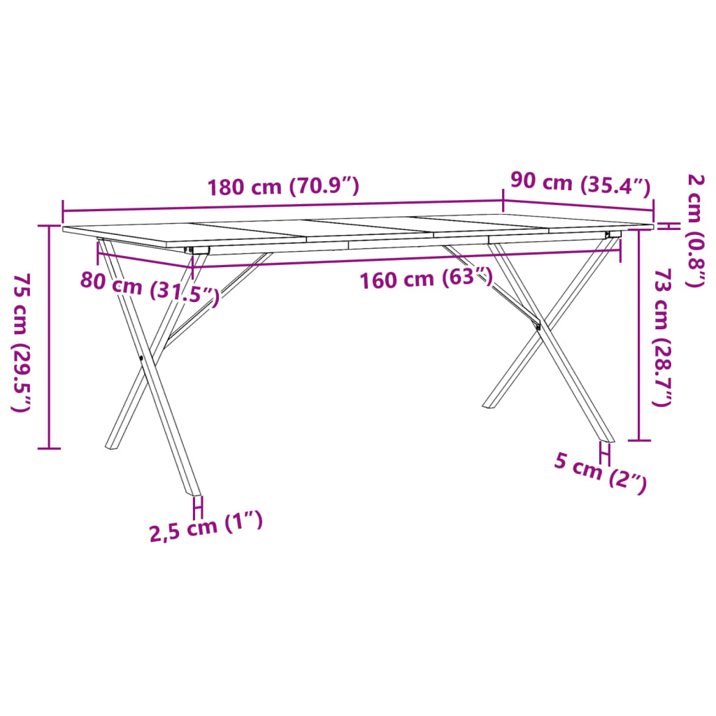 vidaXL Mesa de comedor marco X madera maciza pino y acero 180x90x75cm