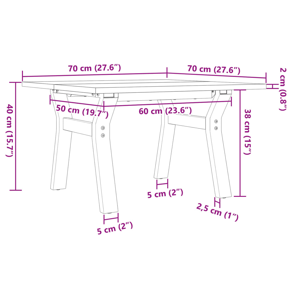 vidaXL Mesa de centro marco Y madera maciza pino y acero 70x70x40 cm