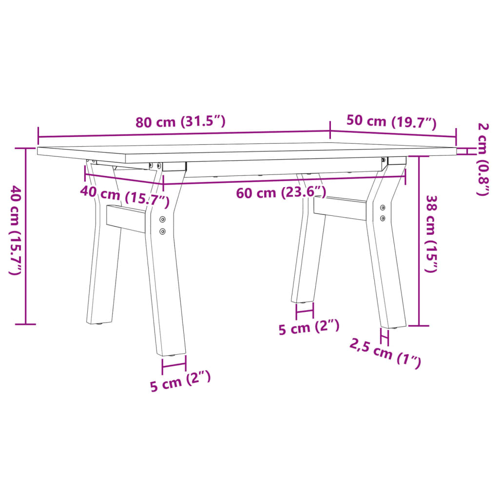 vidaXL Mesa de centro marco Y madera maciza pino y acero 80x50x40 cm