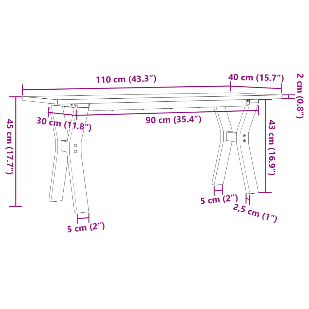 vidaXL Mesa de centro marco Y madera maciza pino y acero 110x40x45 cm