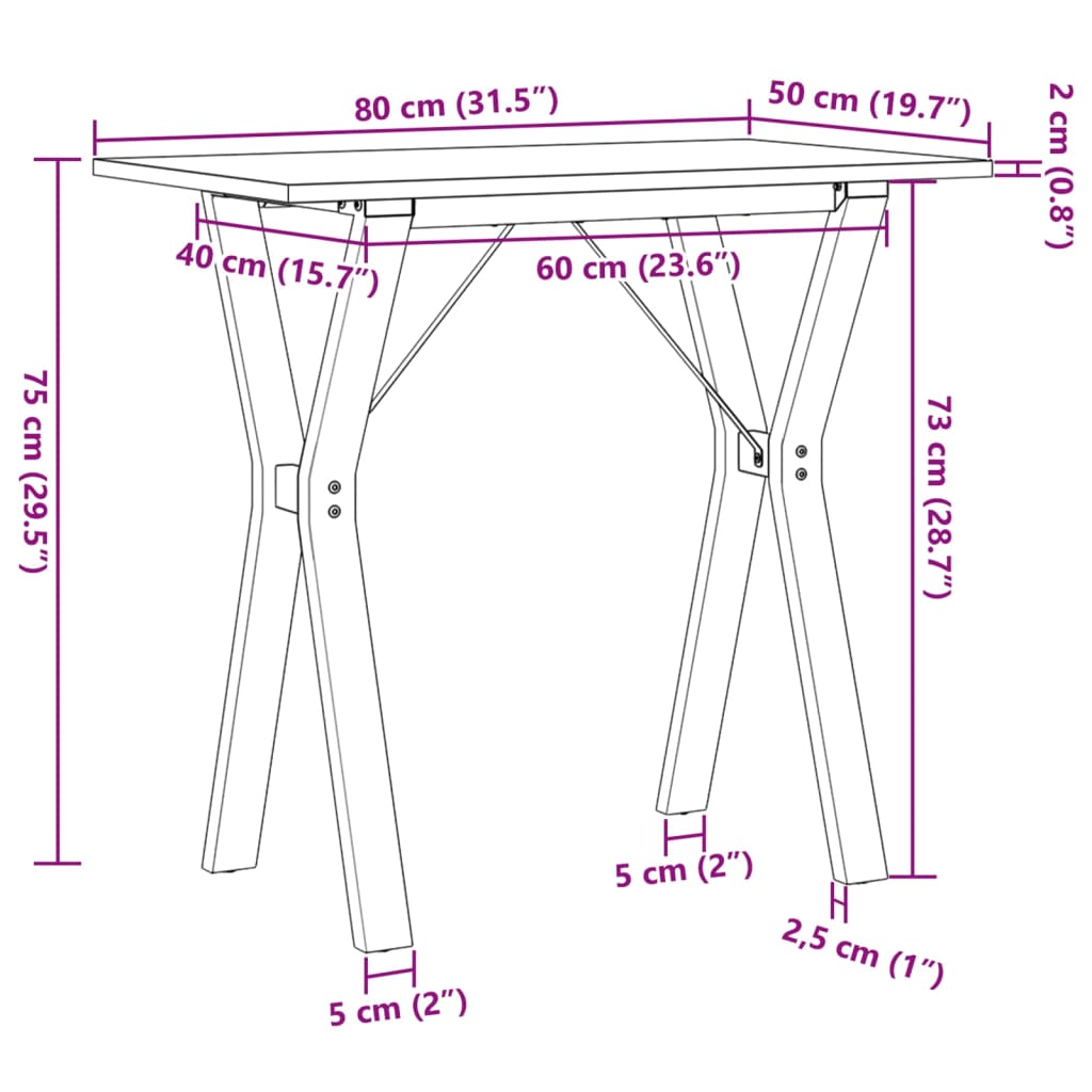 vidaXL Mesa de comedor marco Y madera maciza pino y acero 80x50x75 cm