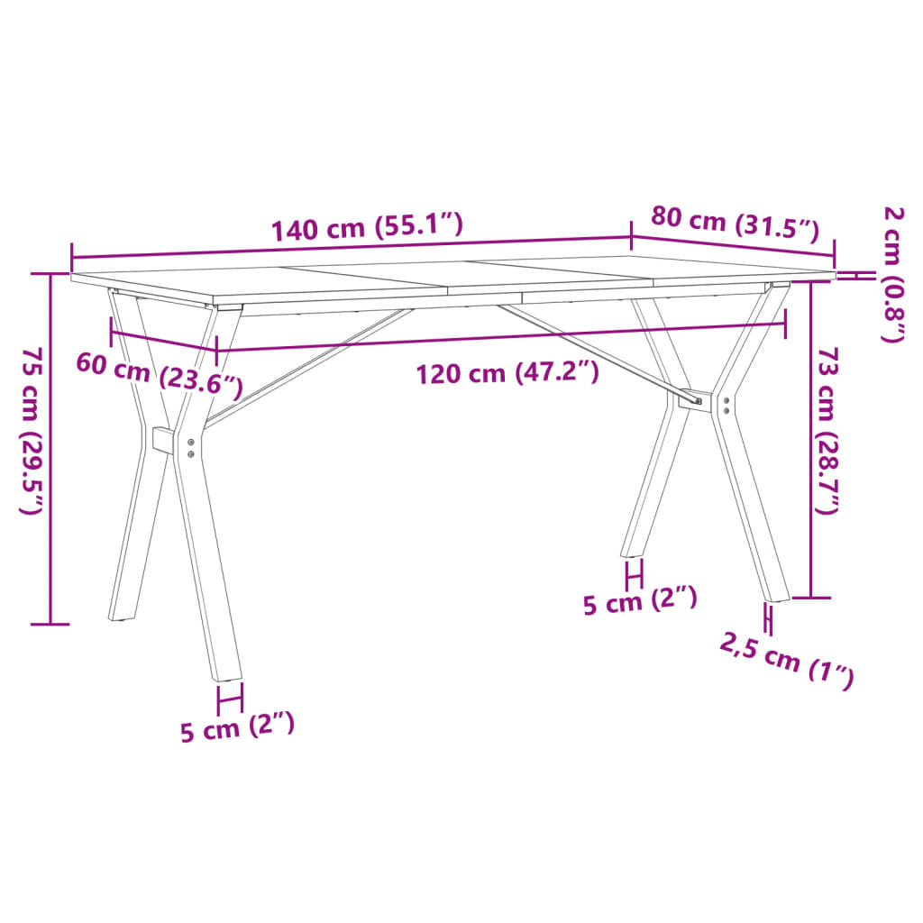 vidaXL Mesa de comedor marco Y madera maciza pino y acero 140x80x75cm