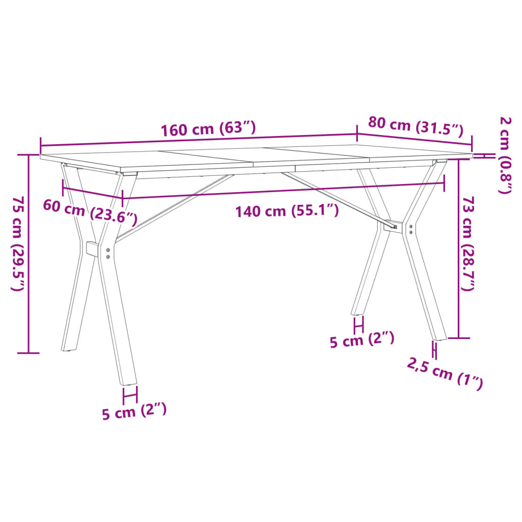 vidaXL Mesa de comedor marco Y madera maciza pino y acero 160x80x75cm