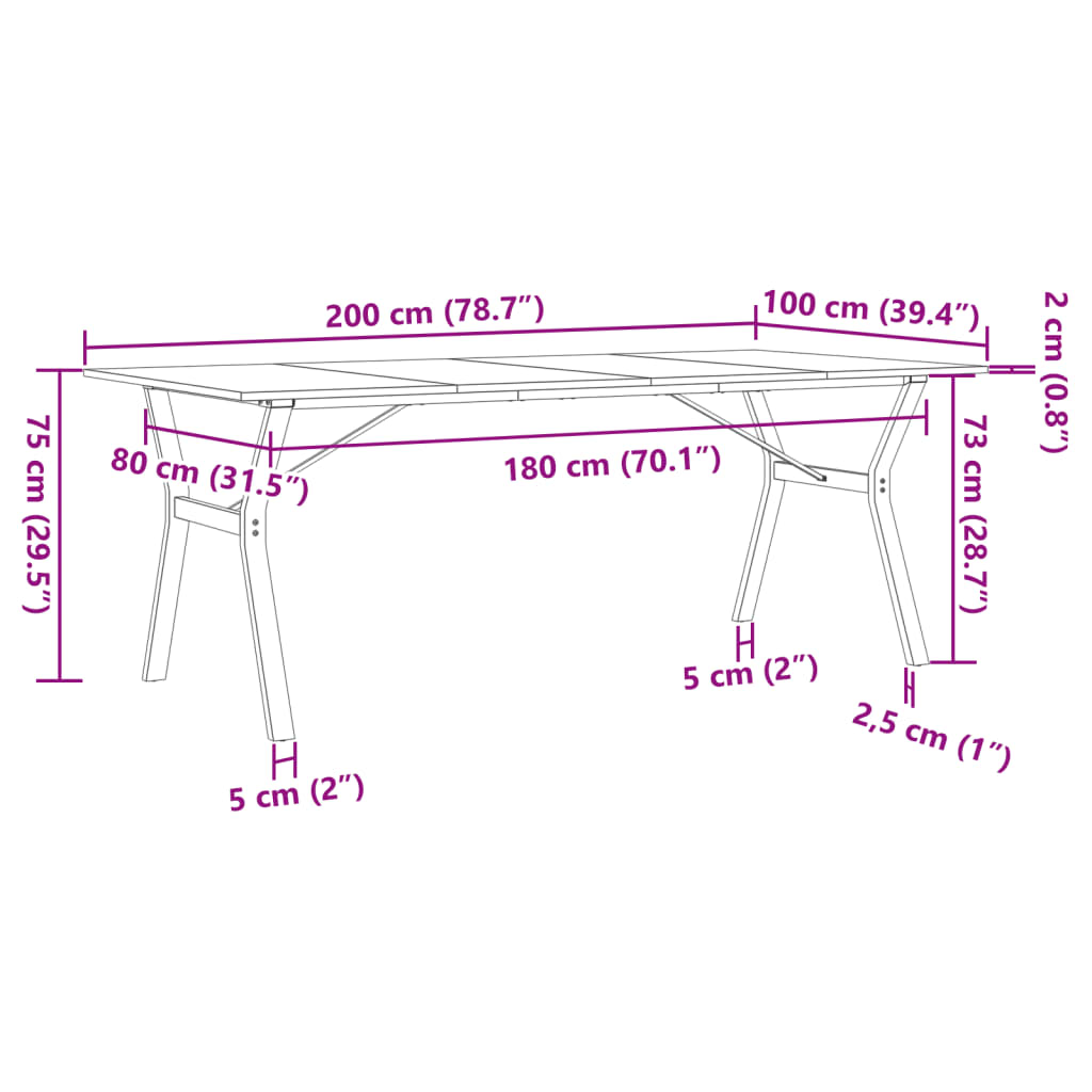 vidaXL Mesa de comedor marco Y madera maciza pino y acero 200x100x75cm