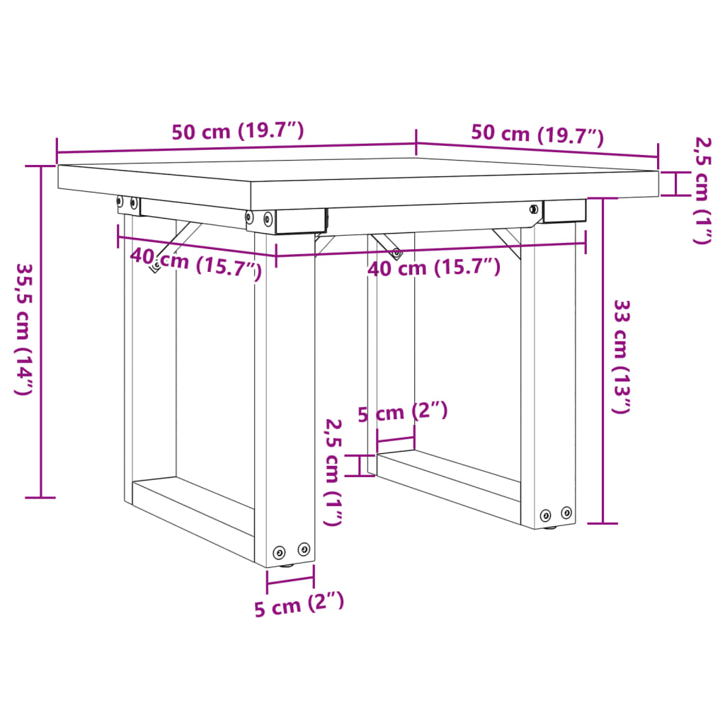 vidaXL Mesa de centro marco O madera maciza pino y acero 50x50x35,5 cm