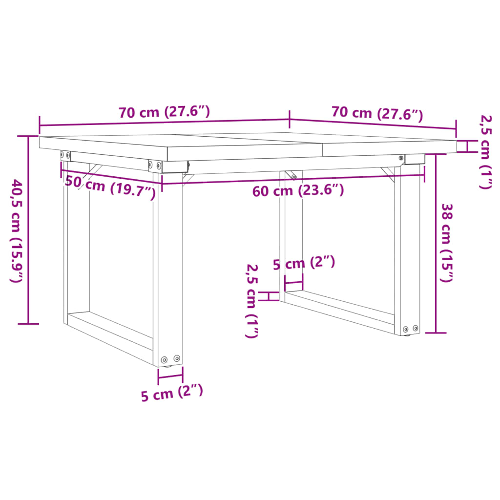 vidaXL Mesa de centro marco O madera maciza pino y acero 70x70x40,5 cm