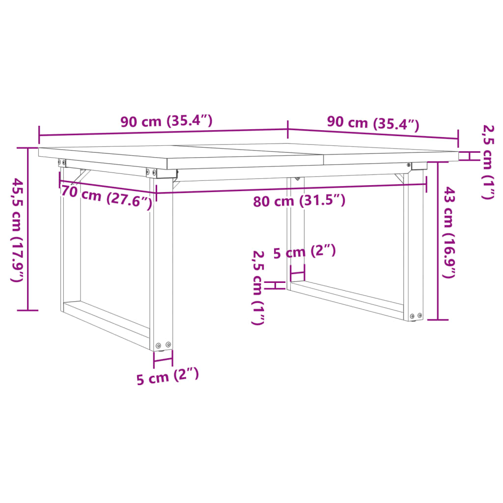 vidaXL Mesa de centro marco O madera maciza pino y acero 90x90x45,5 cm