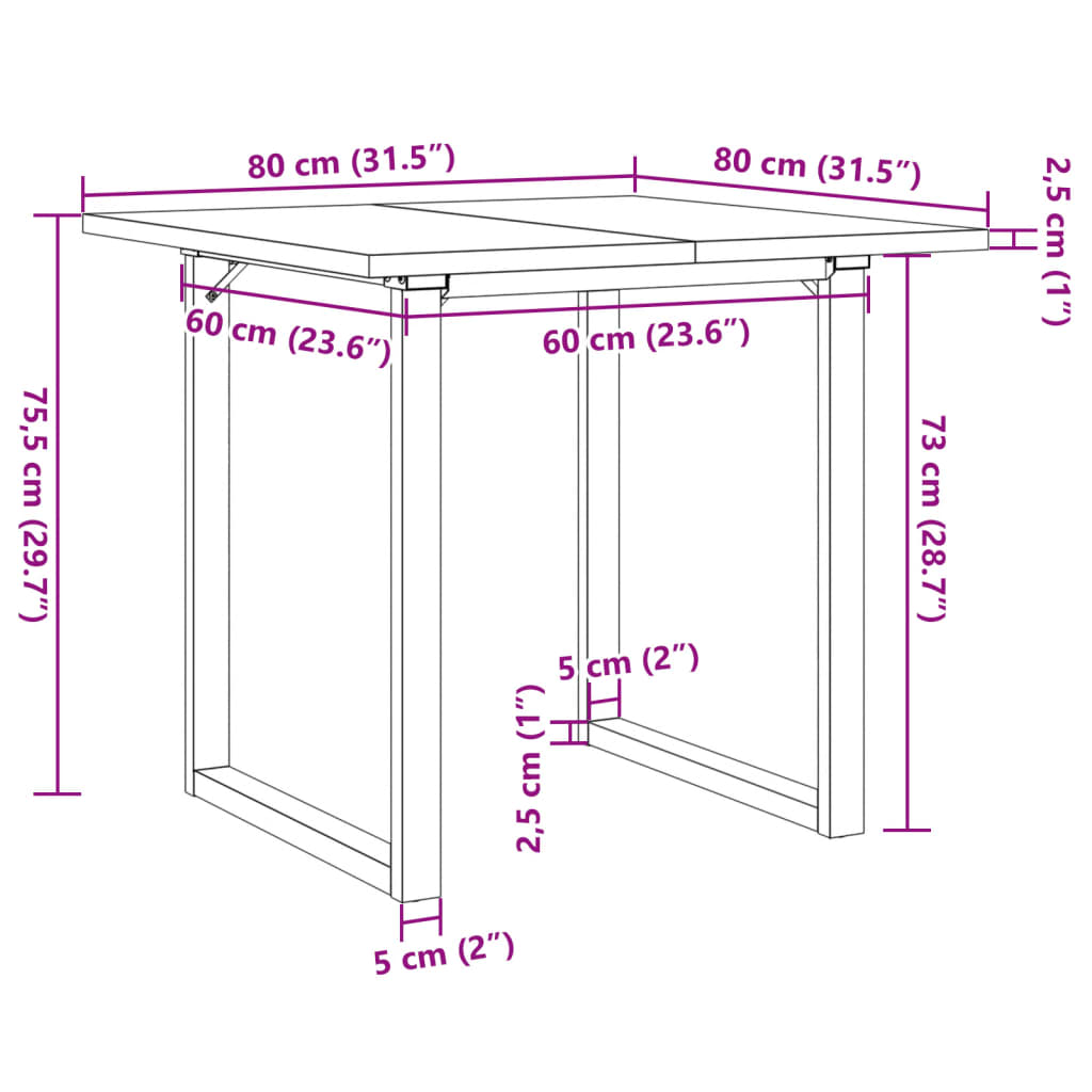 vidaXL Mesa de comedor marco O madera maciza pino y acero 80x80x75,5cm