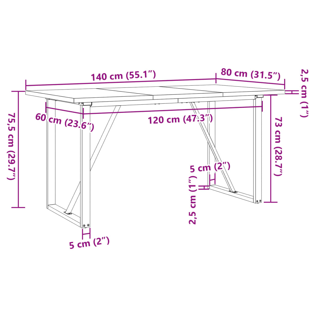 vidaXL Mesa de comedor marco O madera maciza pino acero 140x80x75,5 cm